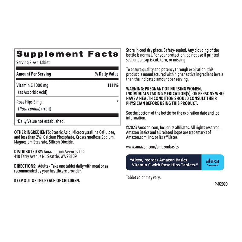 Amazon Basics - Vitamin C, 1000 mg with Rose Hips 5mg, 90 tablets (1 per serving), Gluten Free 90 Count (Pack of 1) - BeesActive Australia