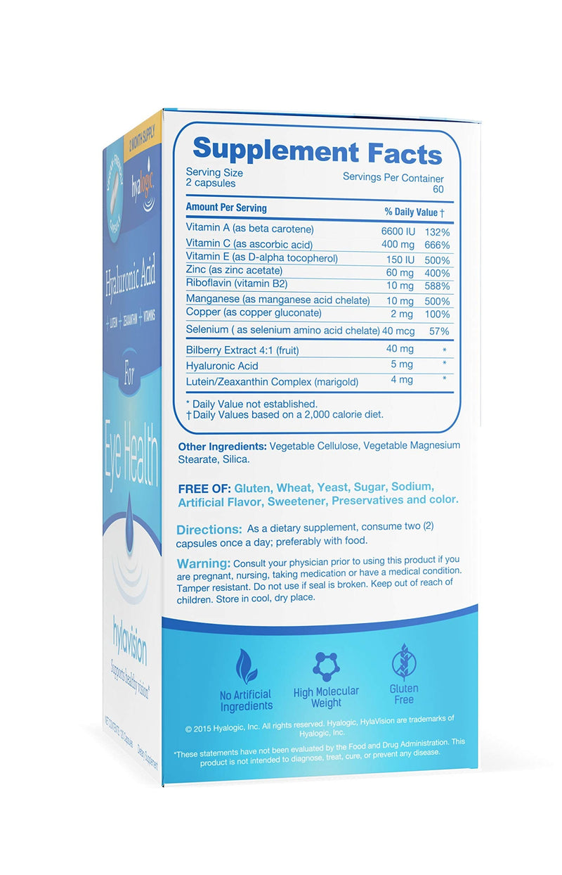 Hyalogic HylaVision Eye Health Supplement - Hyaluronic Acid, Lutein and Zeaxanthin Supplements – Contains Eye Vitamins A, C, E, and Zinc – Soothe Tired Eyes (120 Capsules)