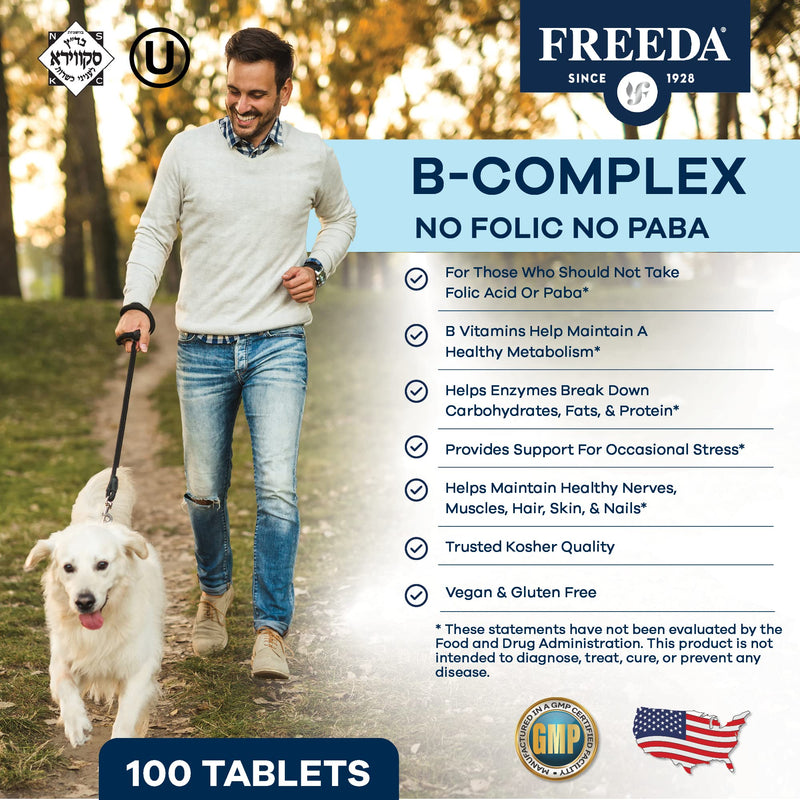 FREEDA Super B-Complex Vitamin Supplement – No Folic Acid or PABA, 100ct | Supports Energy, Metabolism, & Cellular Function – Balanced B Vitamins for Men & Women – Kosher, Vegan, Gluten-Free, USA Made 100 Count (Pack of 1)