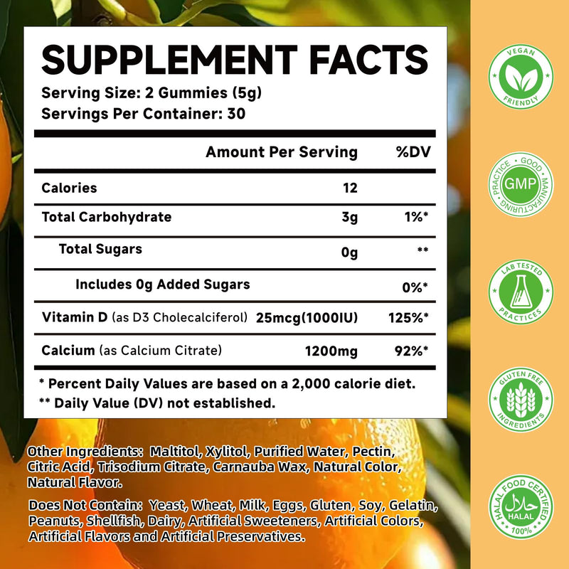 Calcium Citrate Gummies for Kids, Adult - 1200 mg with Vitamin D3 1000IU - Support Bone, Teeth, Immune Health, High Absorption Calcium and Vitamin D Supplement, Orange Flavor, 60 Count 60 Count (Pack of 1)