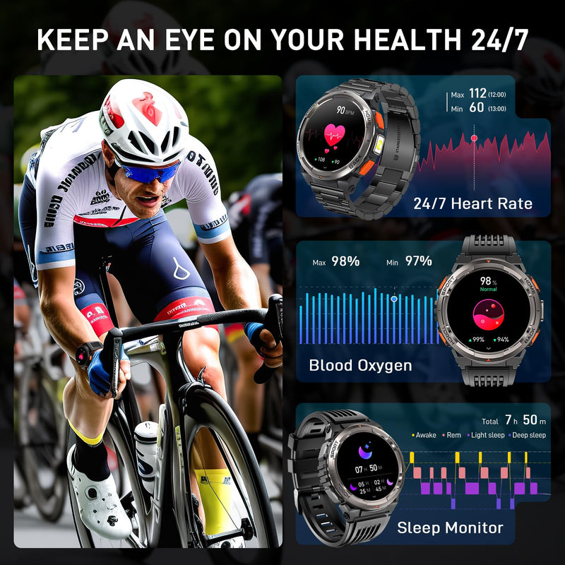 Military Smart Watches for Men with LED Flashlight, Tactical Rugged Smart Watch with 1.45" HD, 3ATM Waterproof & Compass, Sports Fitness Tracker with Heart rate/SPO2/Sleep Monitor KE5-Grey Button