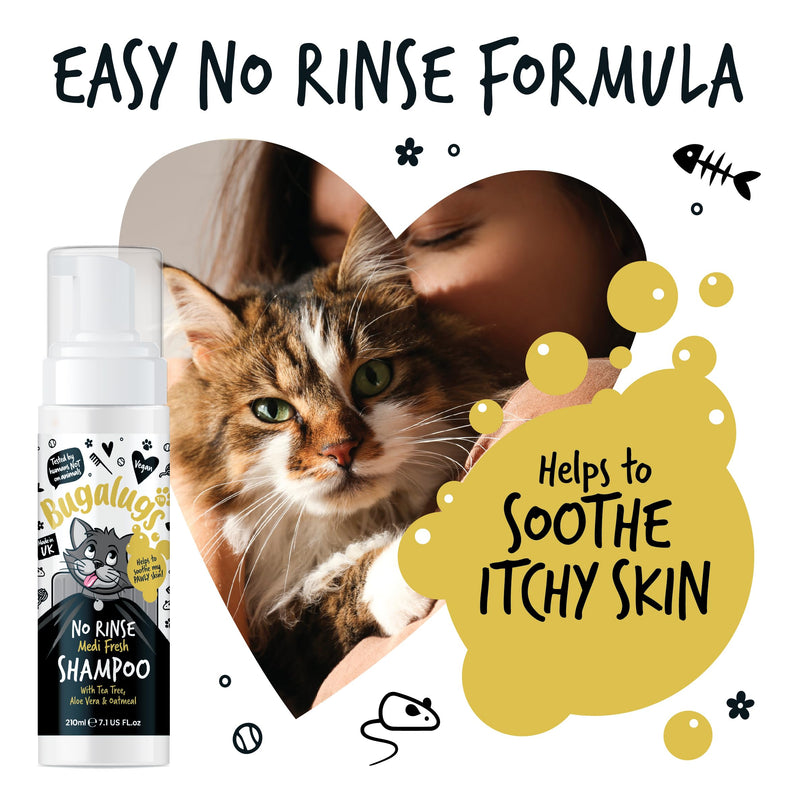 Bugalugs No Rinse Cat Shampoo for itchy skin with Tea Tree & Aloe Vera. Brush through, no rinse shampoo & conditioner for cats and kittens. Foam action grooming dry kitten (No Rinse Shampoo)