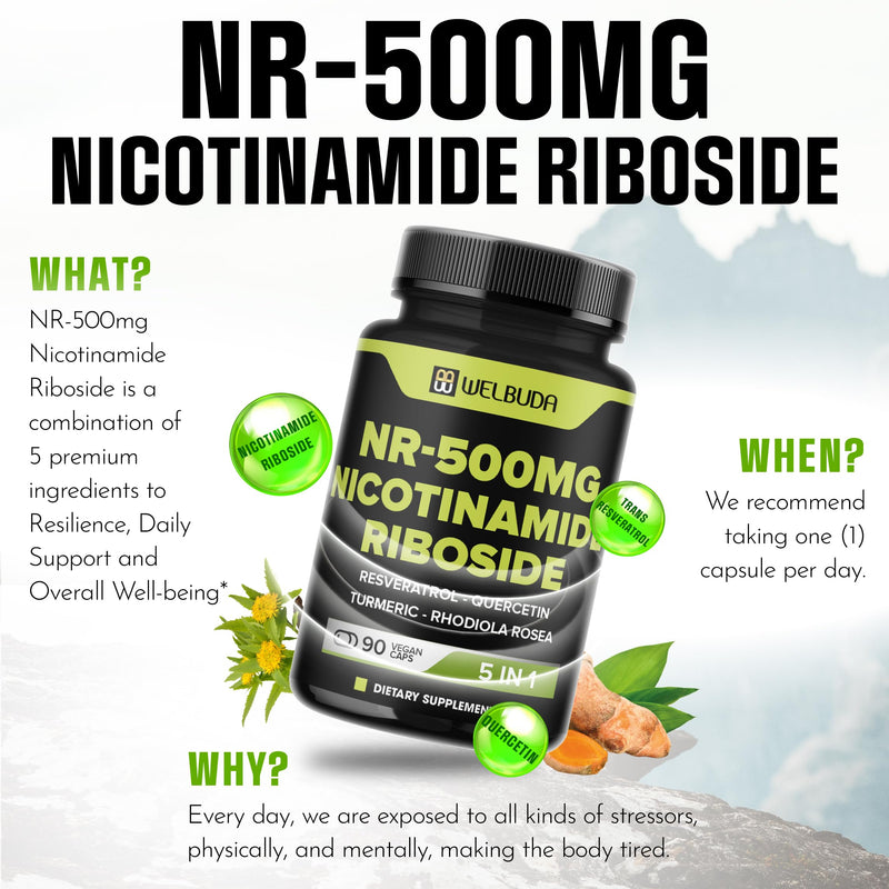 WELBUDA 5in1+ Nicotinamide Riboside Supplement with Resveratrol, Quercetin, Turmeric, Rhodiola Rosea - 90 Count for 90 Days