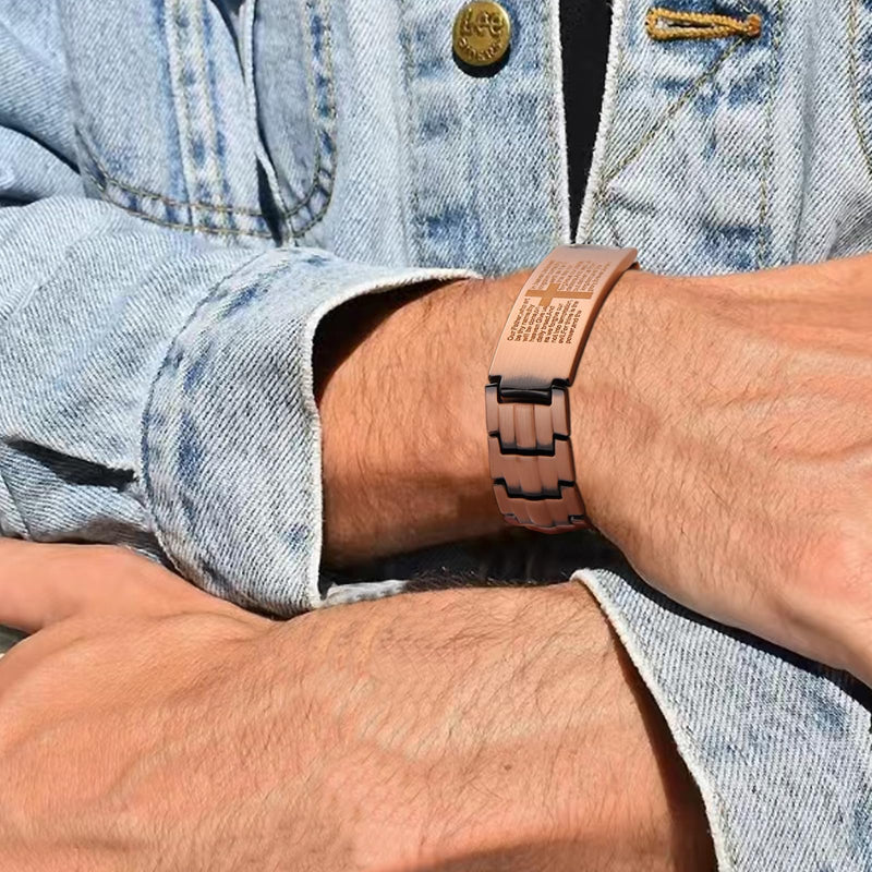 MagEnergy Copper Bracelet for Men, Cross Copper Magnetic Bracelet with Ultra Strength Magnets, Adjustable Link Jewelry Box Gift (Sizing Tool) Copper-Matthew 6:9-13