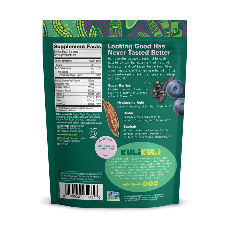 Kuli Kuli Super Gummies - Skin Supplements with Baobab, Elderberry, and Biotin - Helps Support Skin Health - 60 Non-GMO, Gluten-Free Gummies | Support healthy, hydrated skin daily with our non-GMO, gluten-free biotin gummies designed to boost overall w...
