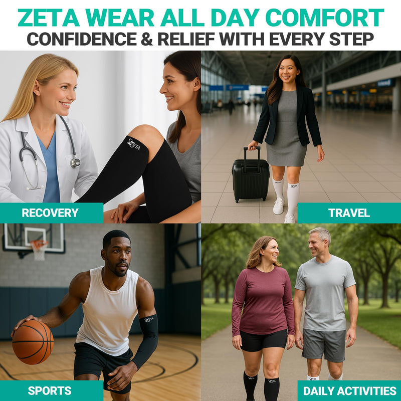 Zeta Wear Plus Size Compression Sleeves 15-19mmHg Medical Grade Wide Calf 1 Pair - Black 2XL - BeesActive Australia