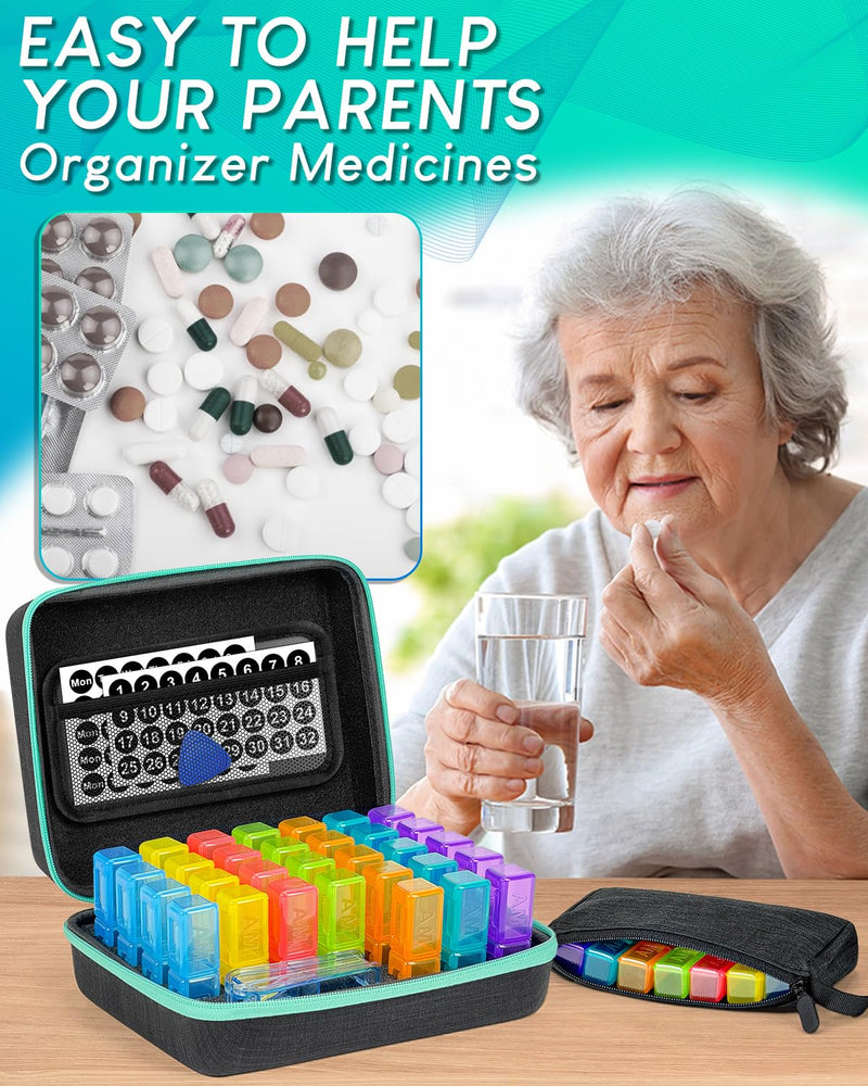 Monthly Pill Organizer 2 Times a Day, with Weekly Pill Bag, Portable Hard Shell, Pill Cutter, Plastic Opening Pick, Monthly & Weekly Stickers, Convenient Medication Management and Tracking - BeesActive Australia
