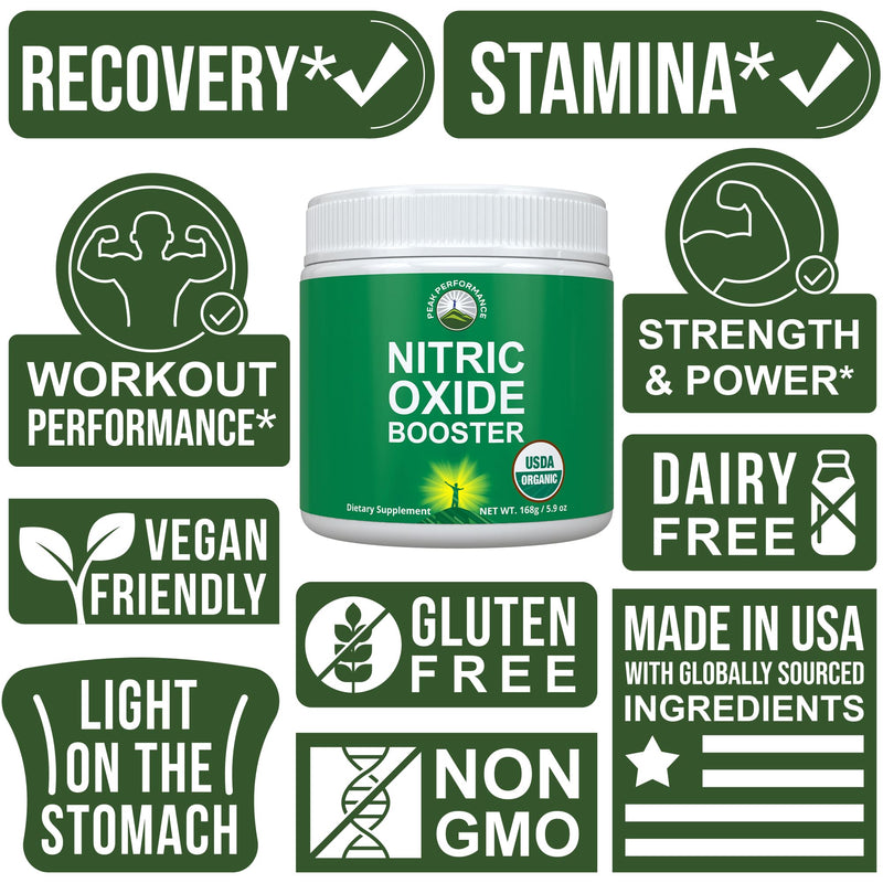 Peak Performance USDA Organic Plant Based Nitric Oxide Booster Powder | Supplement for Men & Women. Caffeine Free 5 Top Ingredients, Beet Root, Tart Cherry, Acerola Cherry, Pomegranate, Red Ginseng