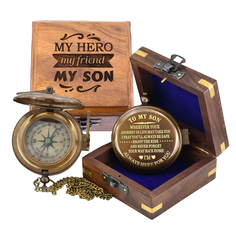 Son Gifts Mom and Dad, to My Son Compass Comes Grain Leather Case Brass Nautical - Personalized Sundial Compass, Birthday Gifts, Graduation Gifts Wooden Box - BeesActive Australia