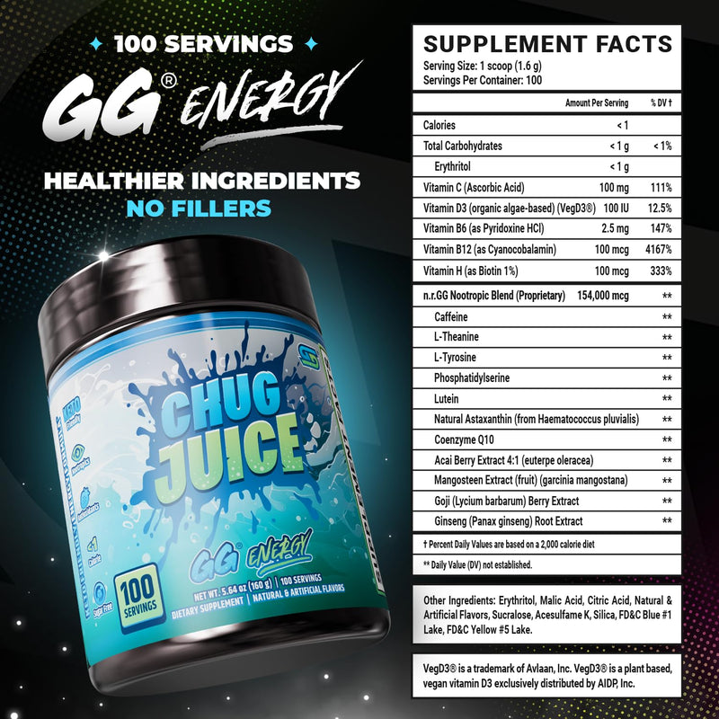 Gamer Supps GG Energy - Chug Juice by LazarBeam (100 Servings) - Keto Friendly Gaming Energy and Nootropic Blend, Sugar Free + Caffeine + Vitamins + Immune Support, Powder Drink