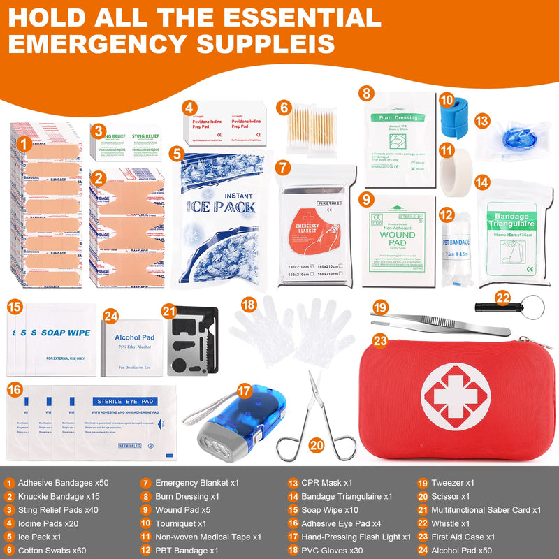 Small First Aid Kit, 300PCS Essential Emergency Trauma Medical Supplies Packed in a Red Waterproof Box, Perfect for Car Home Office Travel Outdoor Camping Hiking (Red) - BeesActive Australia