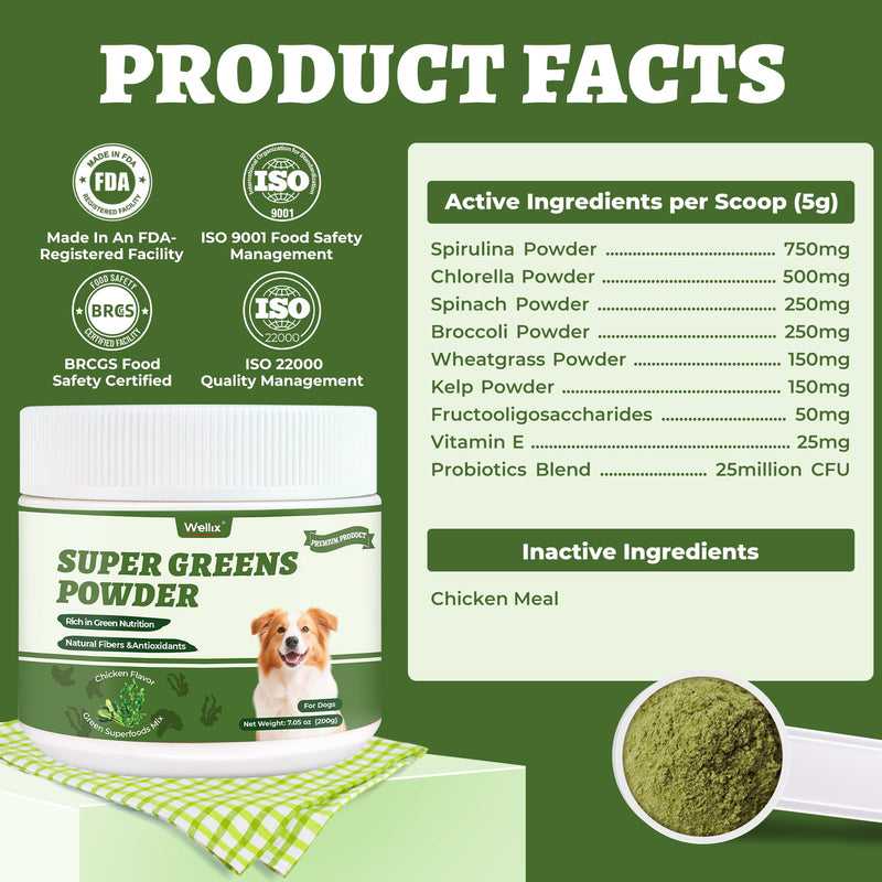 Wellix 7.02oz Super Greens Powder with Organic Spirulina, Chlorella, Spinach - Immune Support, Hip and Joint Supplement for Dogs, Chicken Flavor 100% Natural Dog Supplements Spirulina Powder
