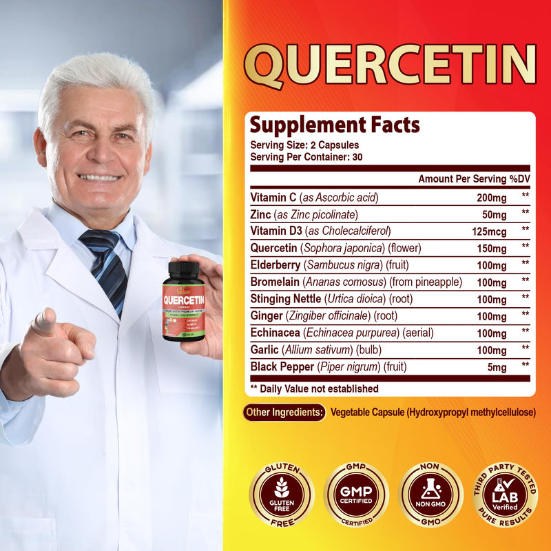 Organic Cadane Quercetin Extract Capsules - Combined with VitC, Zn.C, VitD3, Elderberry, Bromelain, Nettle, Ginger, Echinacea, Garlic, Pepper - 60 Capsules
