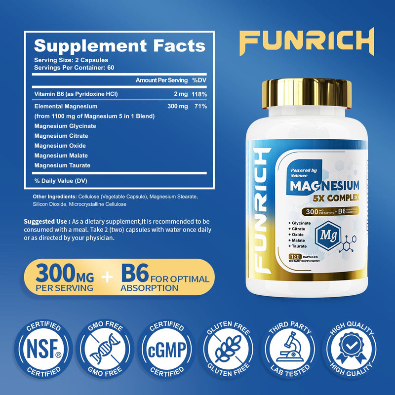 5 in 1 Magnesium Complex Supplement w/Vitamin B6 Higher Absorption | Glycinate Magnesium 300mg - for Sleep, Nerves & Heart Health, Bones, Muscle, Recovery, Energy | Vegan Non-GMO, 120 Capsules 120 Count (Pack of 1)