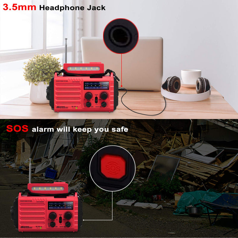 Weather Radio NOAA Alert with Battery Backup 18500mWh, Portable AM FM Shortwave Radio Solar Hand Crank, Flashlight Cellphone Charger, SOS Alarm, Compass, Headphone Jack for Home Outdoor Emergency Red