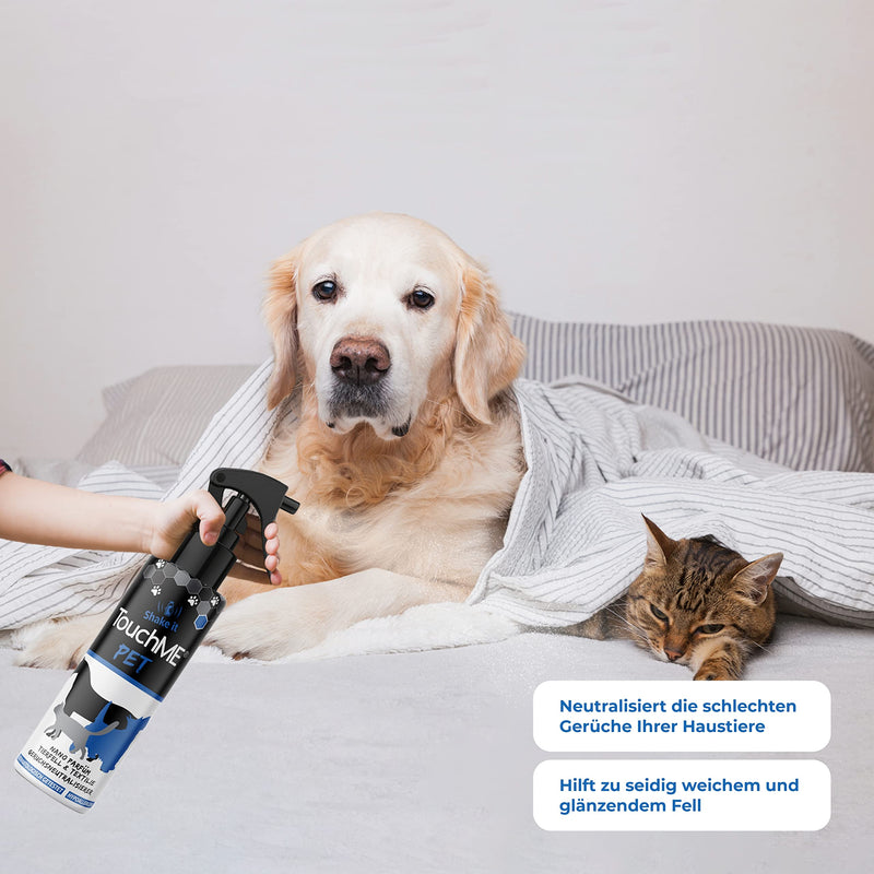 TouchME - touch-active odor remover & textile freshener spray | against animal odor in the dog bed or cat basket | including grooming for dogs, cats & horses | Pet Blue200ml (refreshing) refreshing