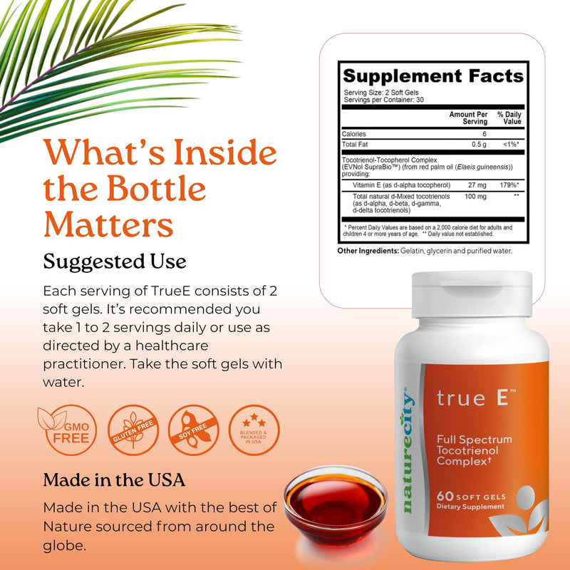 NatureCity True-E Full Spectrum Tocotrienols Vitamin E & Natural Alpha Tocopherol Supplement | Sustainable Vitamin E Tocotrienols from Evnol Suprabio | Non-GMO Vitamin E Complex | 60 Soft gels 1