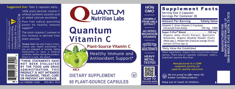 Quantum Nutrition Labs Quantum Vitamin C- Organic Natural Vitamin C Supplement for Women and Men, Whole Food Vitamin C Source, Pure with Bioflavonoids, and Amla, Aids Immune Support- 60 Vegan Capsules