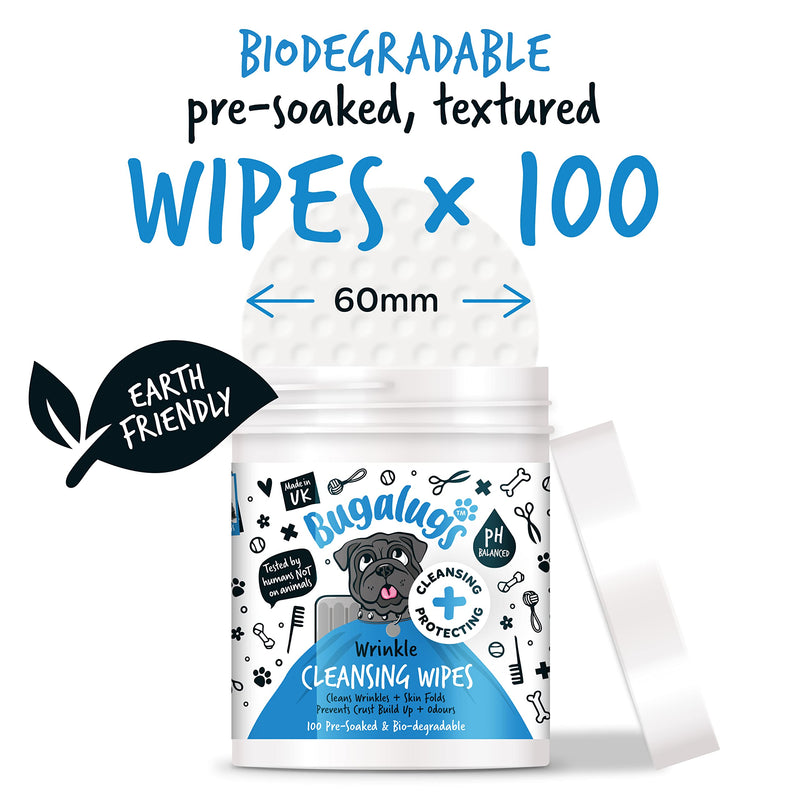 BUGALUGS Wrinkle Dog Wipes for pawly skin - 100 Biodegradable dog grooming pet wipes. Use as Dog ear wipes, dog eye wipes, dog face wipes, Paw & Bum wipes for puppy, dogs & cat grooming