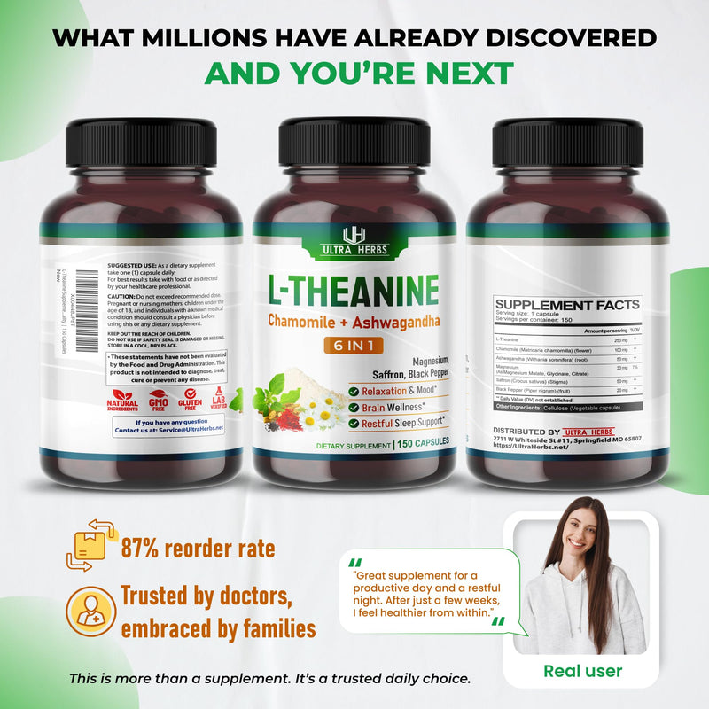L-Theanine Supplement - 6 IN 1 Complex Enriched with Magnesium, Ashwagandha, Saffron, Chamomile - Support Relaxation, Calmness & Sleep Quality | 150 Capsules 150-day supply (pack of 1)