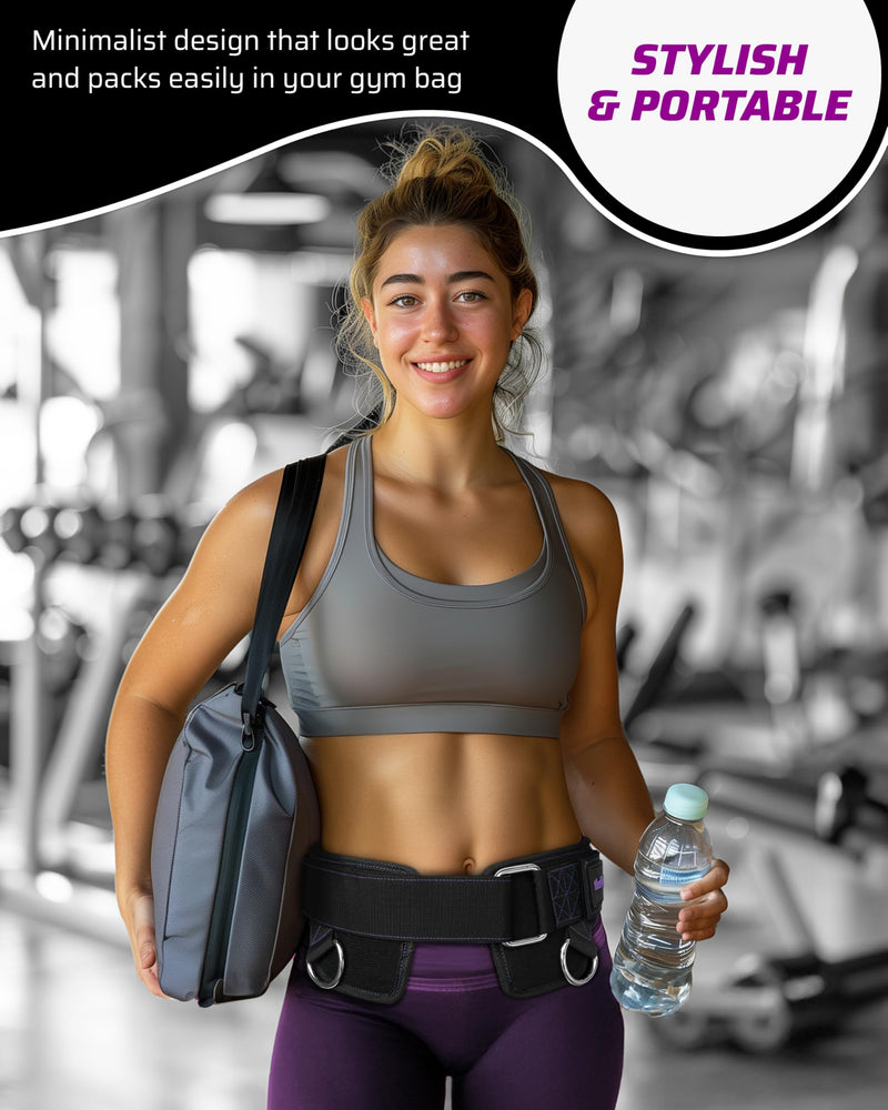 Women’s Weighted Dip Belt – For Pull-Ups, Dips & Squats | Hip-Hugging No-Pinch Fit, No-Slip Buckle | Sleek Black with Purple Stitching, 2 Straps & 2 Hooks Included