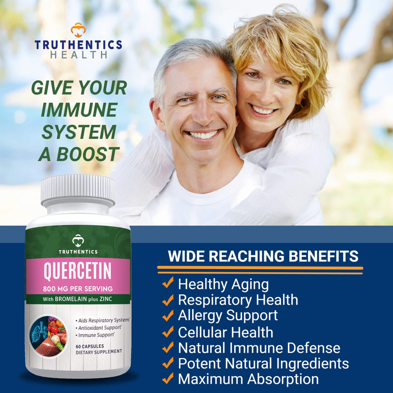 TRUTHENTICS Quercetin with Bromelain and Zinc 1050mg, Vegan, 60 Capsules | Premium Zinc Quercetin Supplements, Immune, Respiratory & Seasonal Support, Non-GMO, Gluten Free, Third Party Tested