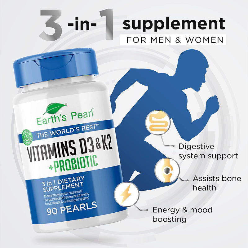 Vitamin D3 K2 5000 IU with Probiotics for Women & Men 3-Month Supply | Earth's Pearl - 3-in-1 Formula - BIO-Tract® Time-Release Pearl Probiotics - Daily Gut Health Support - 90 Capsules