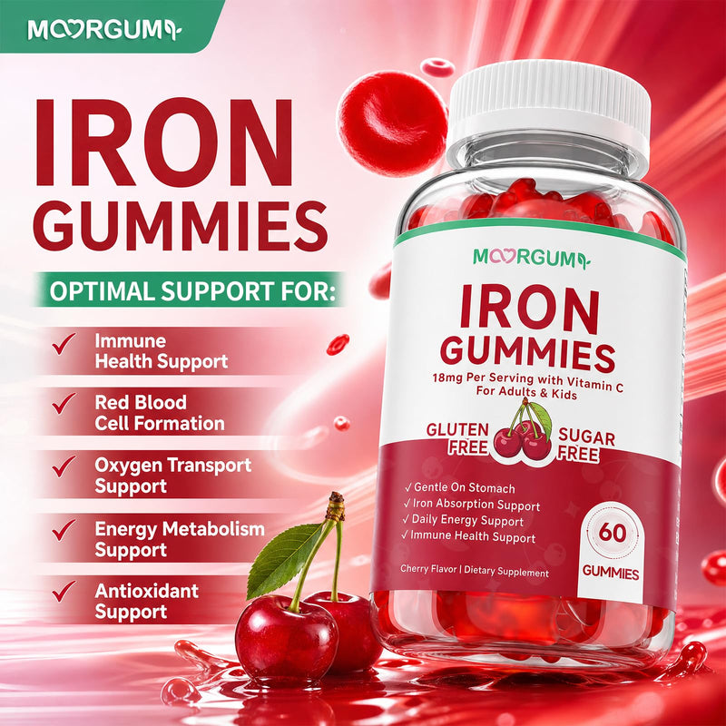 Iron Gummies with Vitamin C, High Absorption 18mg Iron Supplements for Adults & Kids, Blood Builder & Energy Support for Women and Men, Gentle on Stomach, Cherry Flavor, 60 Count