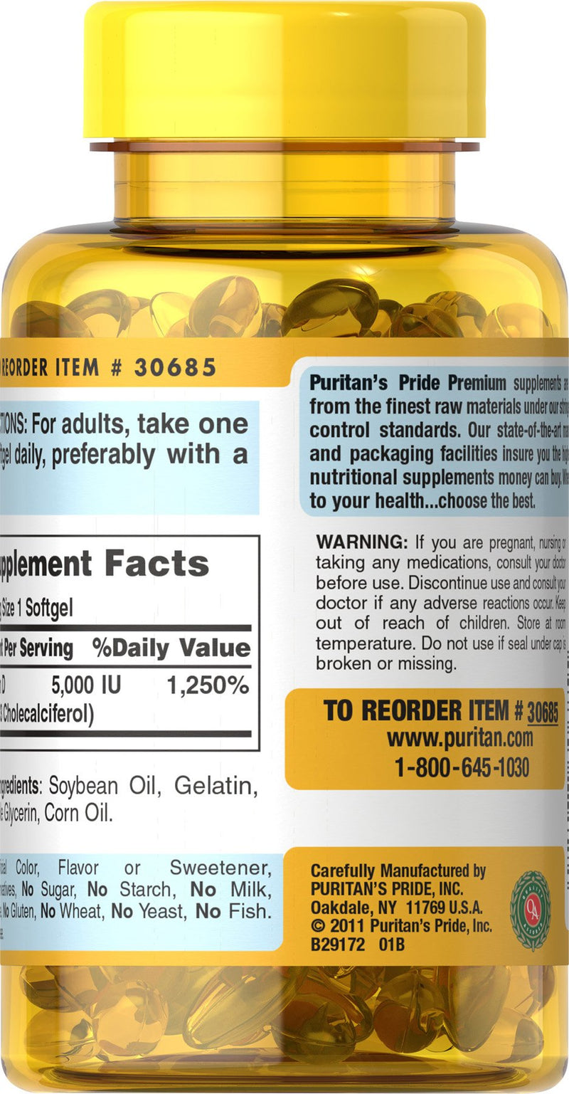Puritan's Pride Vitamin D3 5,000 IU Bolsters Immunity for Immune System Support and Healthy Bones and Teeth Softgels, Packaging May Vary, Unflavored, 200 Count 200 Count (Pack of 1) - BeesActive Australia