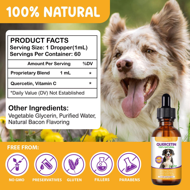 Quercetin for Dogs 60ml, Bacon Flavor Dog Antihistamine with Vitamin C for All Breeds & Sizes Dogs