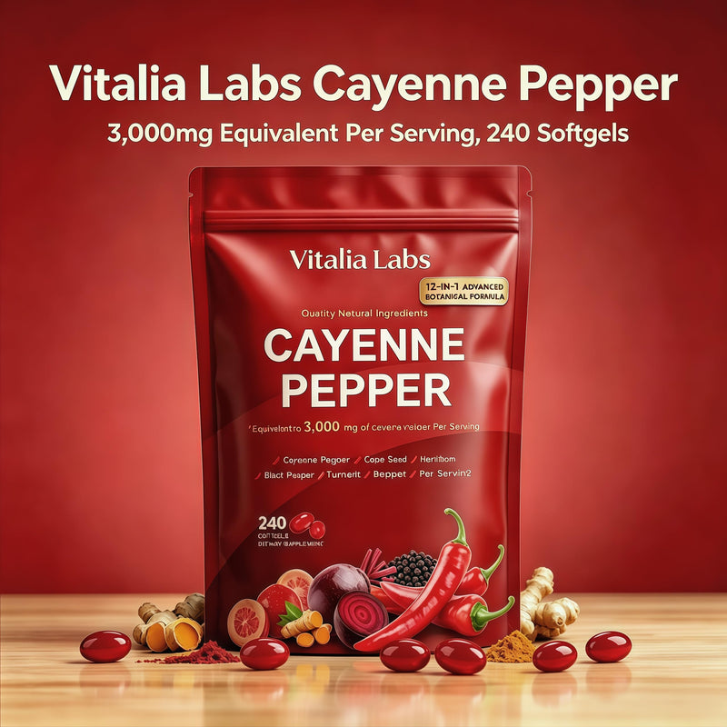 Vitalia Cayenne Pepper Softgels, Supplement with Vitamin E, D3+K2-240 Count