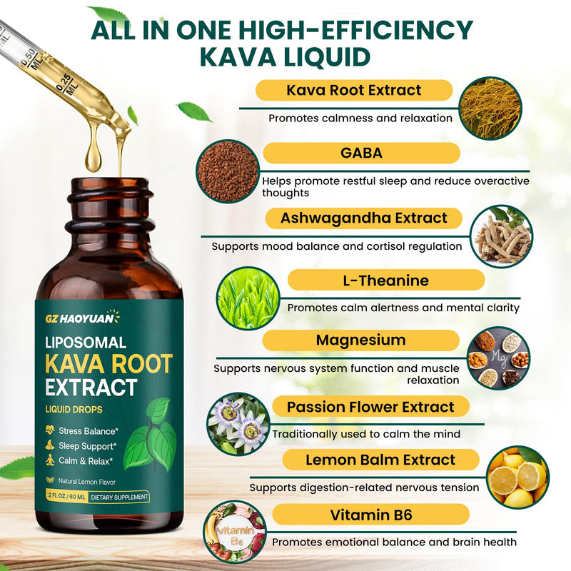 Liposomal Kava Kava Drops for Calming & Relaxation ‚Äì Kava Root Extract Supplement with GABA, Ashwagandha & Magnesium - Support Mood & Better Sleep, Fast-Absorbing Vegan Kava Liquid Drops Lemon 2 Fl Oz