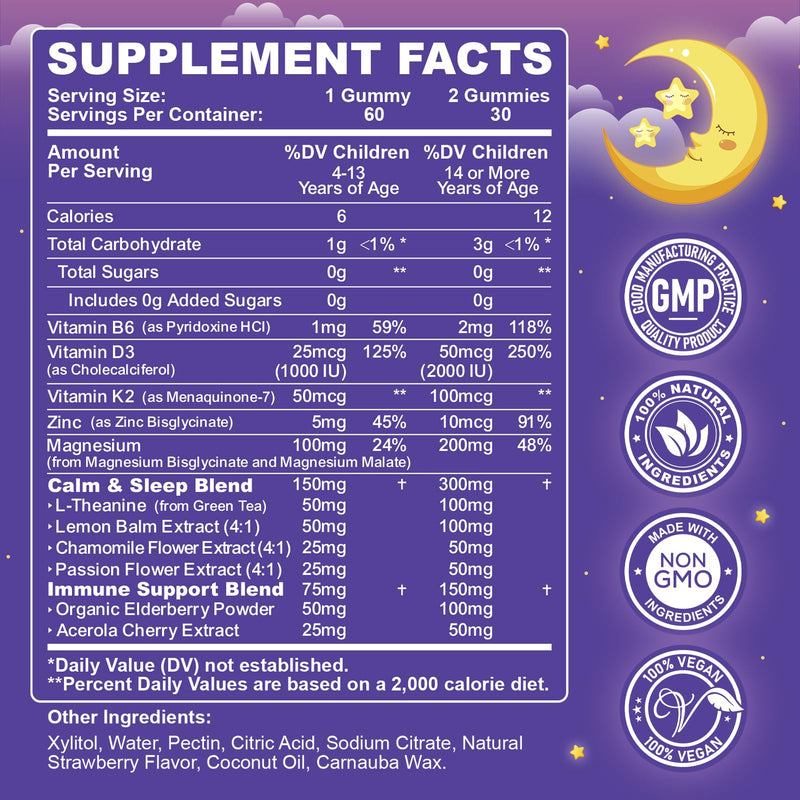 2PCS Magnesium Calming Gummies for Kids 4+ & Adults, Sugar Free Magnesium Supplement with L-Theanine, Chamomile, Vitamins B6, D3, K2, Zinc for Sleep, Relaxation, Focus & Muscle Support Strawberry 60 Count (Pack of 2)