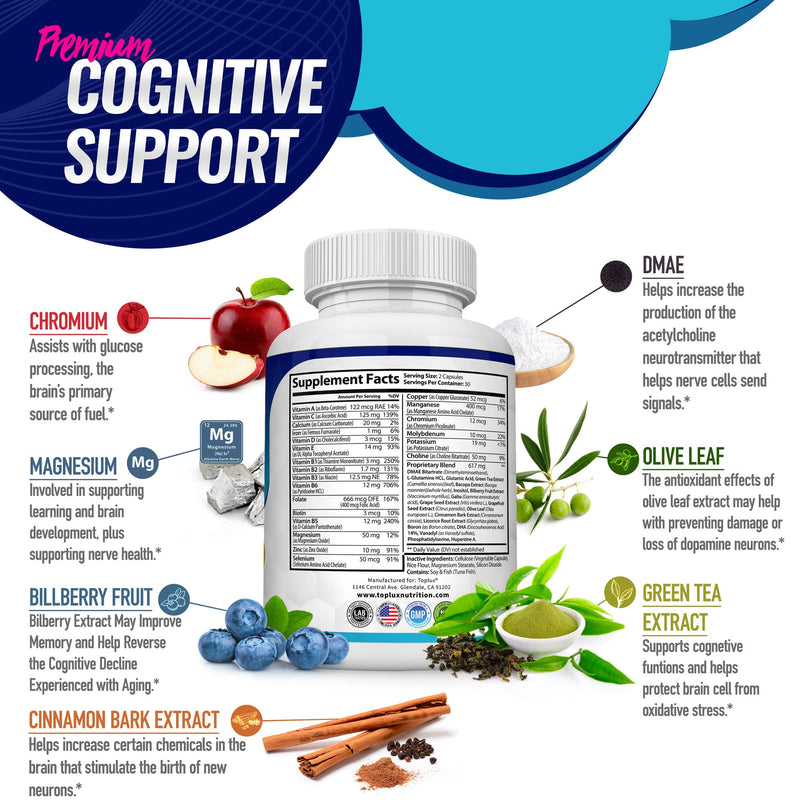 Toplux Brain Supplement Nootropic – Brain Pills Vitamin with DMAE, Bacopa Monnieri, L-Gutamine, for Men Women, 60 Capsules, Nutrition Two