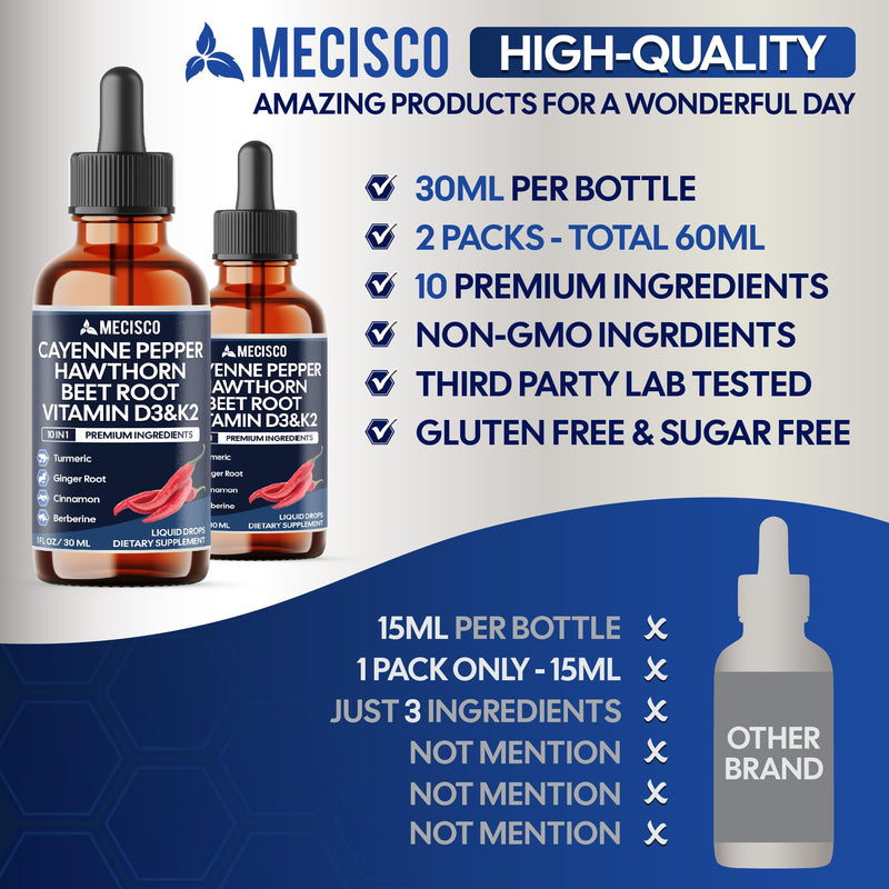2 Packs of 30ml - Cayenne Pepper Liquid Drops with Vitamin D3, Vitamin K2, Hawthorn Berry, Beet Root, Ginger, Ceylon Cinnamon, Turmeric, Berberine - Digestion Support - 120 Day Supply