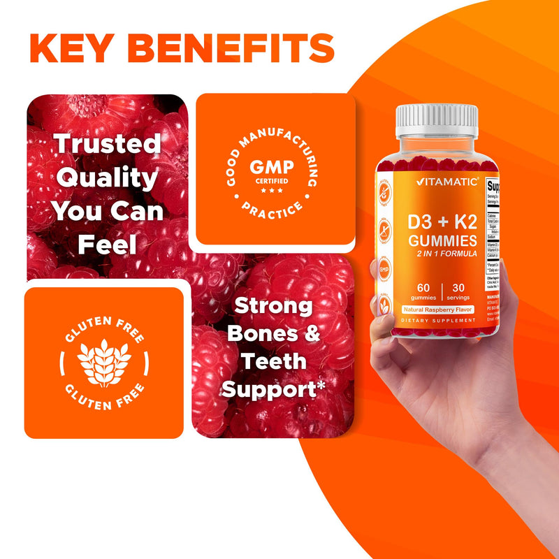 Vitamatic Vitamin D3 + K2 Gummies 60 Count | D-3 5000 IU + Vitamin K 140mcg for Bone Heart & Immune Support, Pectin-Based, Non-GMO, Gluten-Free 60 Count (Pack of 1)