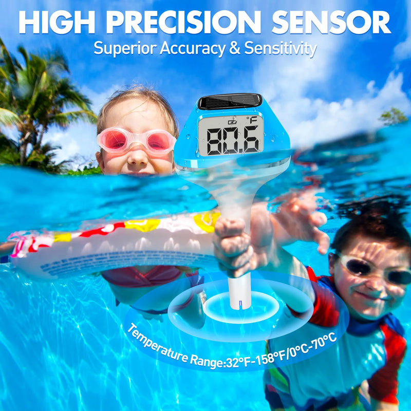 DeeprBlu 2026 New Iteration Solar Digital Pool Thermometer with Rope, Easy Read Extra Large Backilt LCD Display Floating Pool Thermometer, IP68 Waterproof Pools Water Temperature Gauge for Hot tub,Spa Light Blue