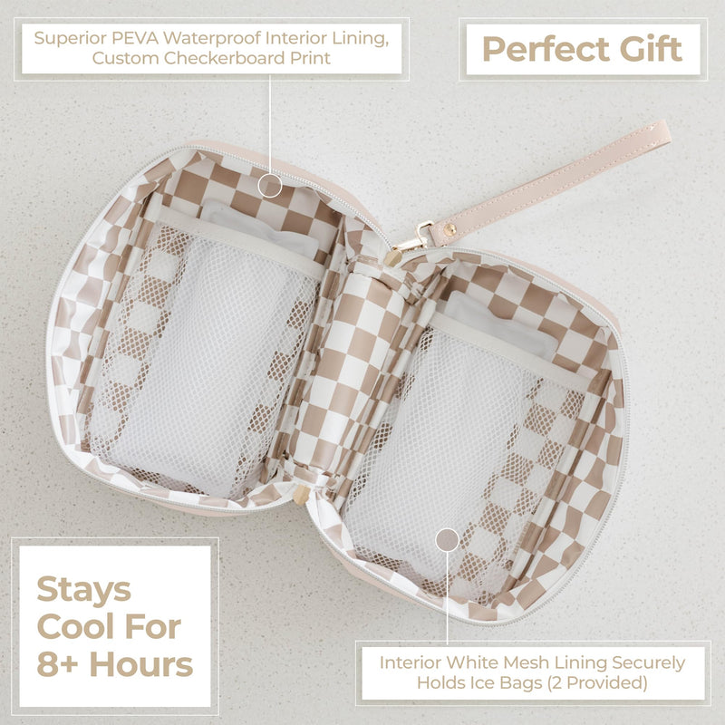 Breast Milk Cooler Travel Bag - Waterproof Breastmilk Storage Bag Cooler w/Ice Pack, Checkerboard Interior, Leather Strap, & More – Versatile Insulated Cooler Bag - Ideal Baby Travel Essentials (Nude) Nude - BeesActive Australia