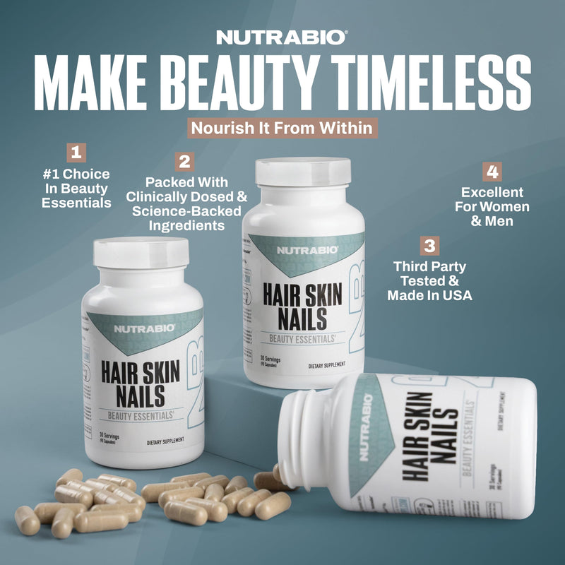 NutraBio Hair Skin Nails Vitamins, 90 Capsules | Enhanced Collagen Support, Skin Hydration, Hair Growth with Biotin, Keratin, Hyaluronic Acid