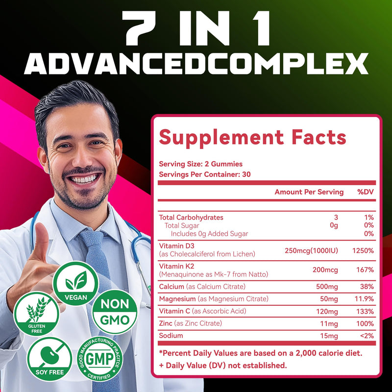 Natures aid Sugar-Free Vitamin D3 K2 Gummies with Calcium + K2 (MK-7), Magnesium Citrate, Vitamin C, Extra Strength - Ultimate Absorption for Bone Muscle Teeth Immune, Vegan - 120 Gummies 120 Count (Pack of 1)