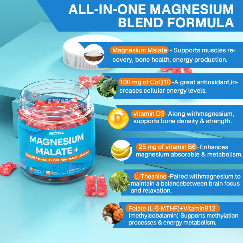 2Pack Magnesium Malate Gummies for Adults - Magnesium 400mg Chewable | Plus Methylated Folate, B12, B6, L-Theanine & CoQ10, Supports Energy, Muscle & Calm, Sugar Free 60 Count (Pack of 2)