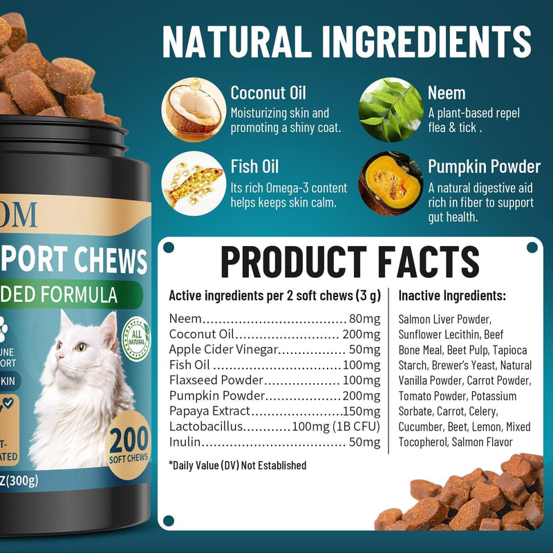 Flea and Tick Prevention for Cats Chewable, 200 Treats Natural Cat Flea Treatment, Skin & Digestive Support Oral Supplement Chew Flea and Tick Treatment for Cat Kitten All Breeds & Ages, Salmon Flavor