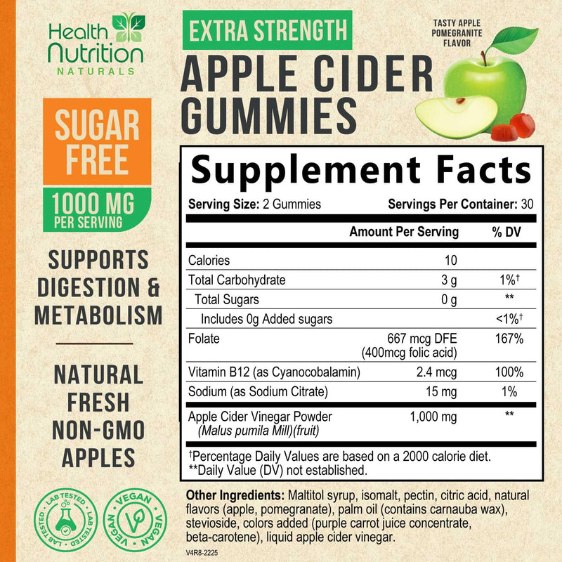Apple Cider Vinegar Gummies Zero Sugar - Max Strength ACV Gummy Vitamins - Vitamin B12 & The Mother - Metabolism & Energy Support - Vegan Apple Cider Vinegar Gummy Supplement - Non-GMO - 60 Gummies 60 Count (Pack of 1)