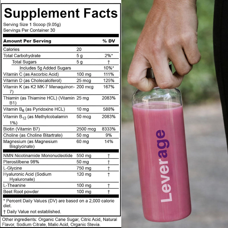 Leverage Mixed Berries Anti–Aging Supplement & Longevity Mix - Daily Wellness Multivitamin Powder with Hyaluronic Acid, L-Glycine & Magnesium for Skin, Energy, Cognitive Function & Joint–30 Servings