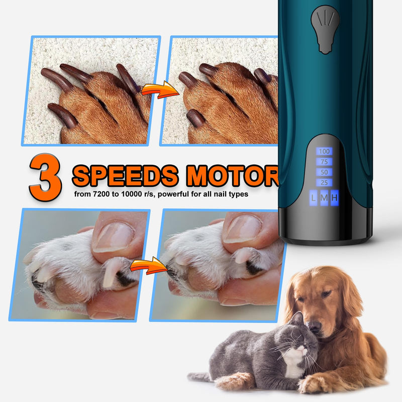 Dog Nail Grinder, Dog Nail Trimmers and Clippers Kit, Super Quiet Electric Pet Nail Grinder, Rechargeable, for Small Large Dogs & Cats Toenail & Claw Grooming,3 Speeds, 2 Grinding Wheels (A-Dark Blue) A-Dark Blue - BeesActive Australia