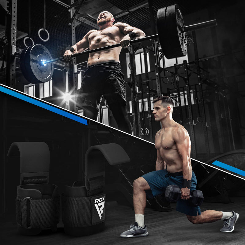 RDX Weight Lifting Hooks for Deadlifting (Pair) - 600Lbs Capacity - 8MM Neoprene Wrist Support Wraps - Grip Enhancer for Pull Ups Lat Pulldowns Rows - Adjustable Gym Workout Power Straps for Men Women Black