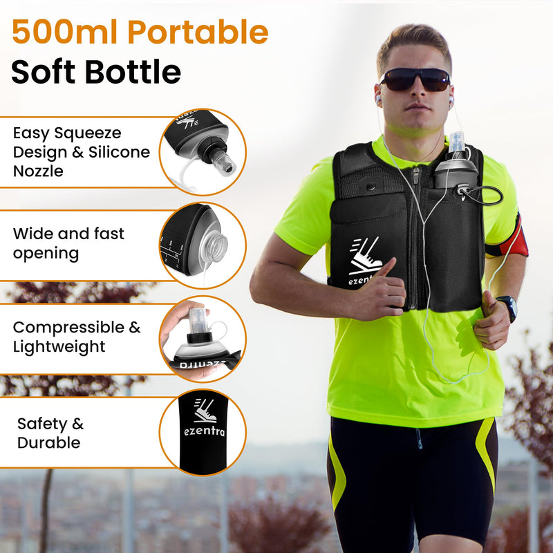 Running Vest Zip, Reflective Running Vests with 6 Pockets, 500ml Hydration Bottle, Adjustable Chest & Waistband, Breathable Material, Chest Pack Gear, Phone Holder, Men & Women Black XS- Small