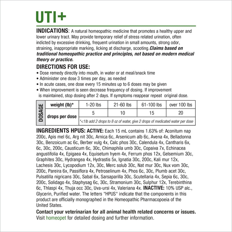 HomeoPet UTI+ Urinary Tract Relief, Safe and Natural Dog and Cat UTI Supplement, 15 Milliliters - BeesActive Australia