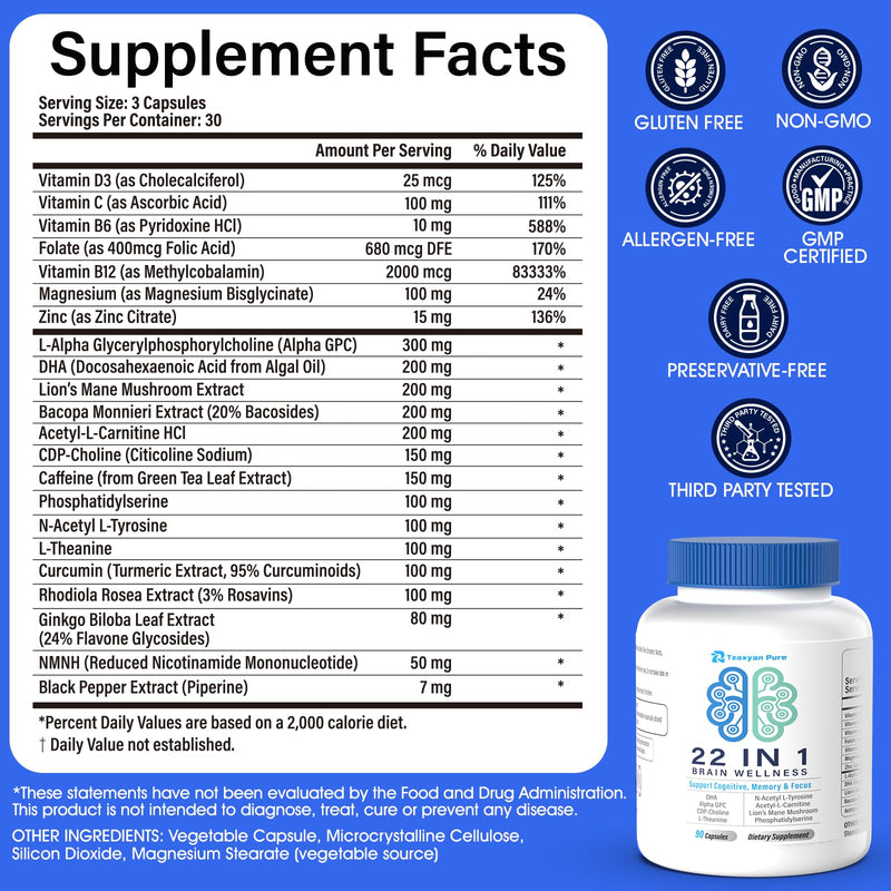 Brain Supplements for Memory and Focus - 22-in-1 Brain Supplement with Alpha GPC, Citicoline, Vitamin B12, Bacopa, Lion’s Mane, DHA - Brain Health for Clarity, Energy & Cognitive Support, 90 Count White 90 Count (Pack of 1)