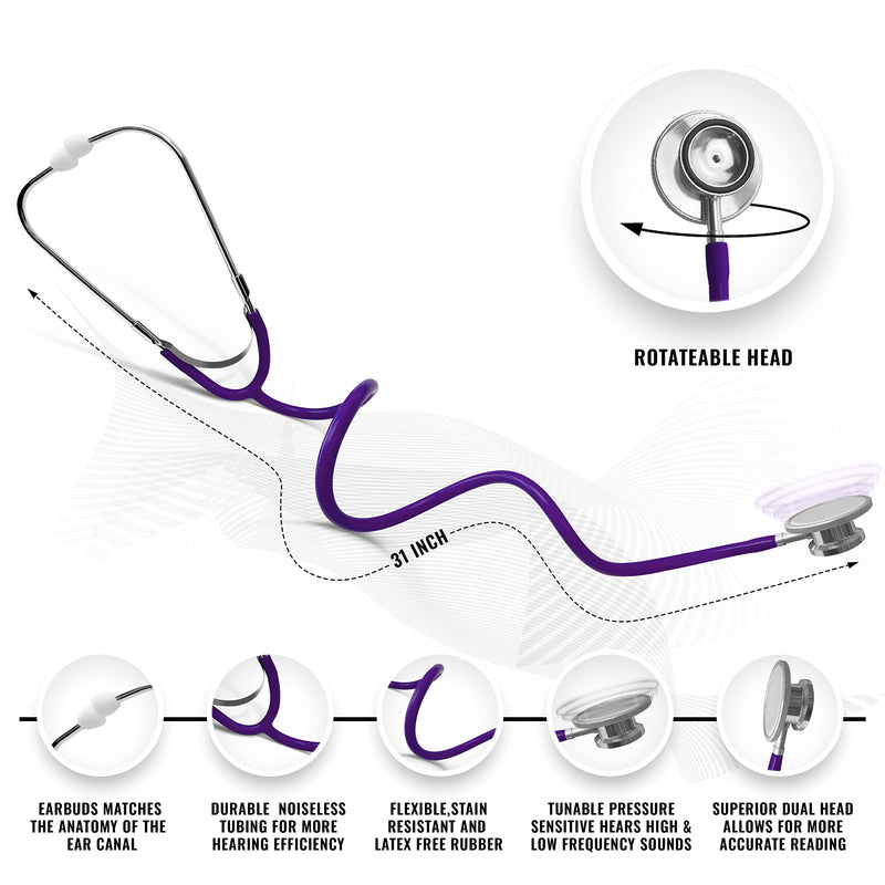 ASA TECHMED Nurse Essentials Starter Kit with Handheld Travel Case | 3 Part Kit Includes Adult Aneroid Sphygmomanometer Blood Pressure Monitor, Stethoscope, Mini Diagnostic Otoscope (Purple) Purple - BeesActive Australia